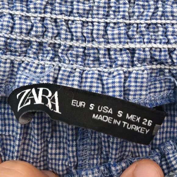Zara Blue Gingham Smocked Ruffle Sleeve Top Size S Cottagecore Peasant Blouse - Picture 7 of 7